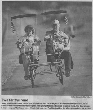 Star Tribune article Janet and Morris Cowan on their dual-recumbent Blackbird Quadribent bike.