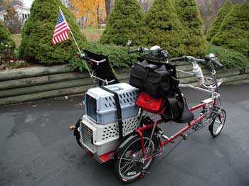 Cats Shadow and Booker in their cat carriers on the cargo plaform of the Quadribent.