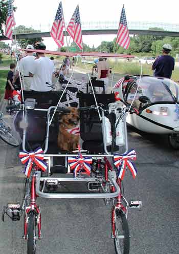 Biking Dog on Quadribent for 4th of July parade