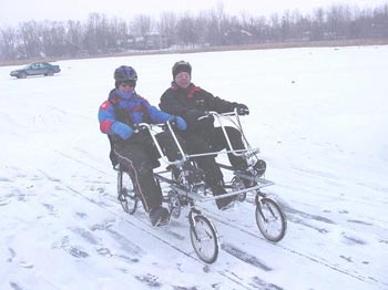 Carl and Jon riding the Quadribent in the World Championship HPV Ice Races on a frozen Minnesota lake.